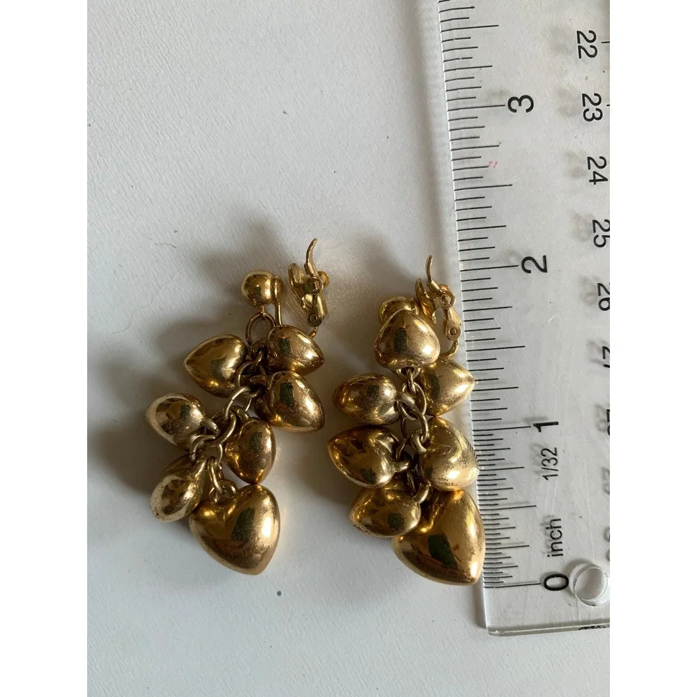 Vintage Trifari Gold Tone Cascading Heart Cluster Clip On Dangle Earrings